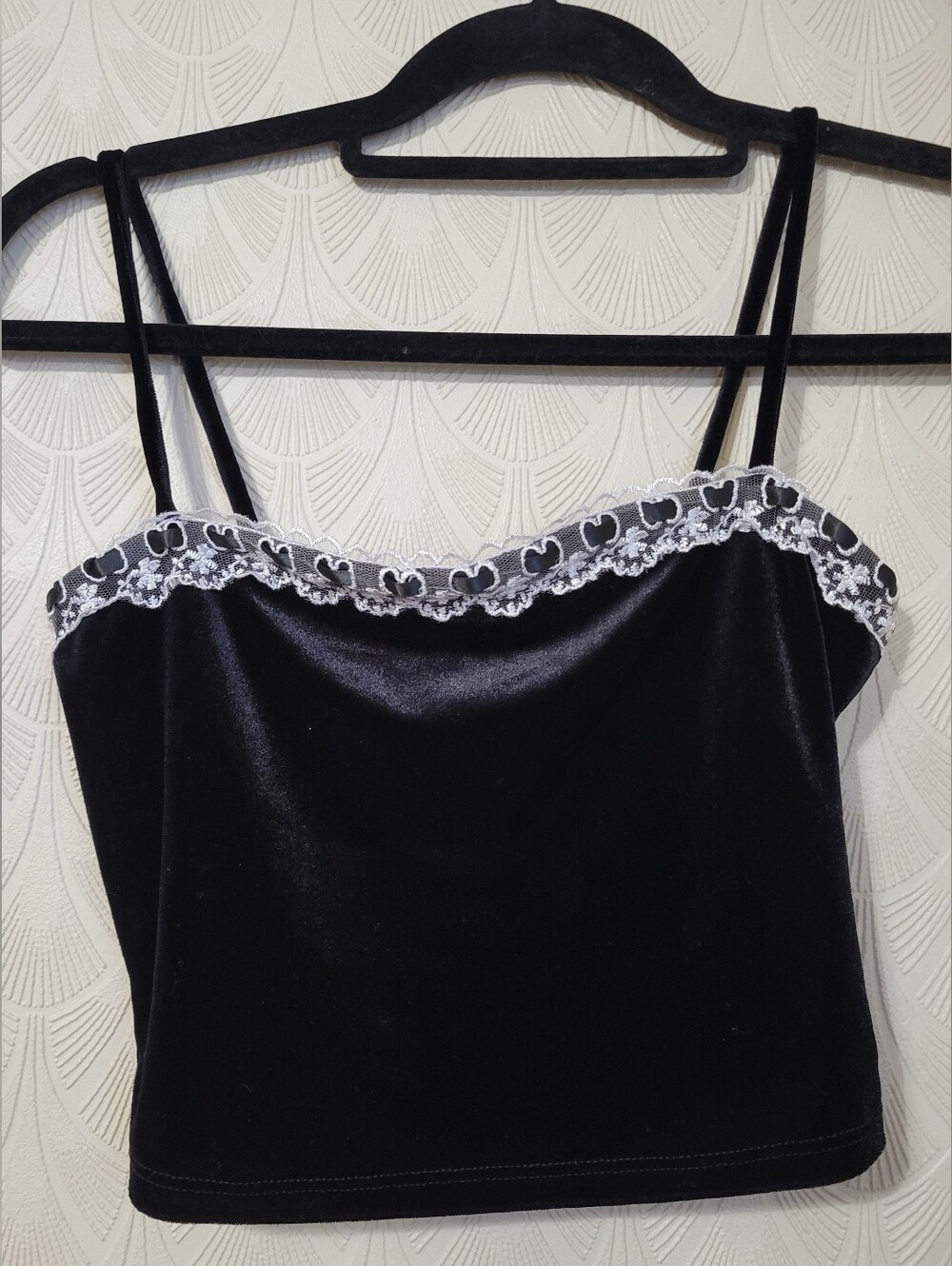 Beverly and Beck Vienna Velvet Cami Top Black White Lace Trim Straps size XS